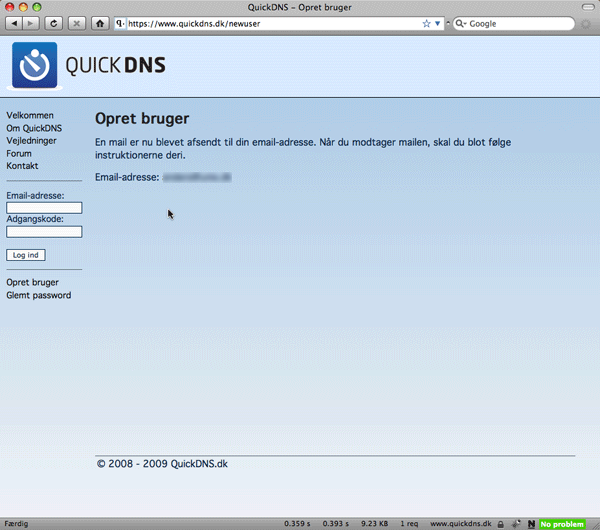 Afvent at modtage e-mail fra QuickDNS